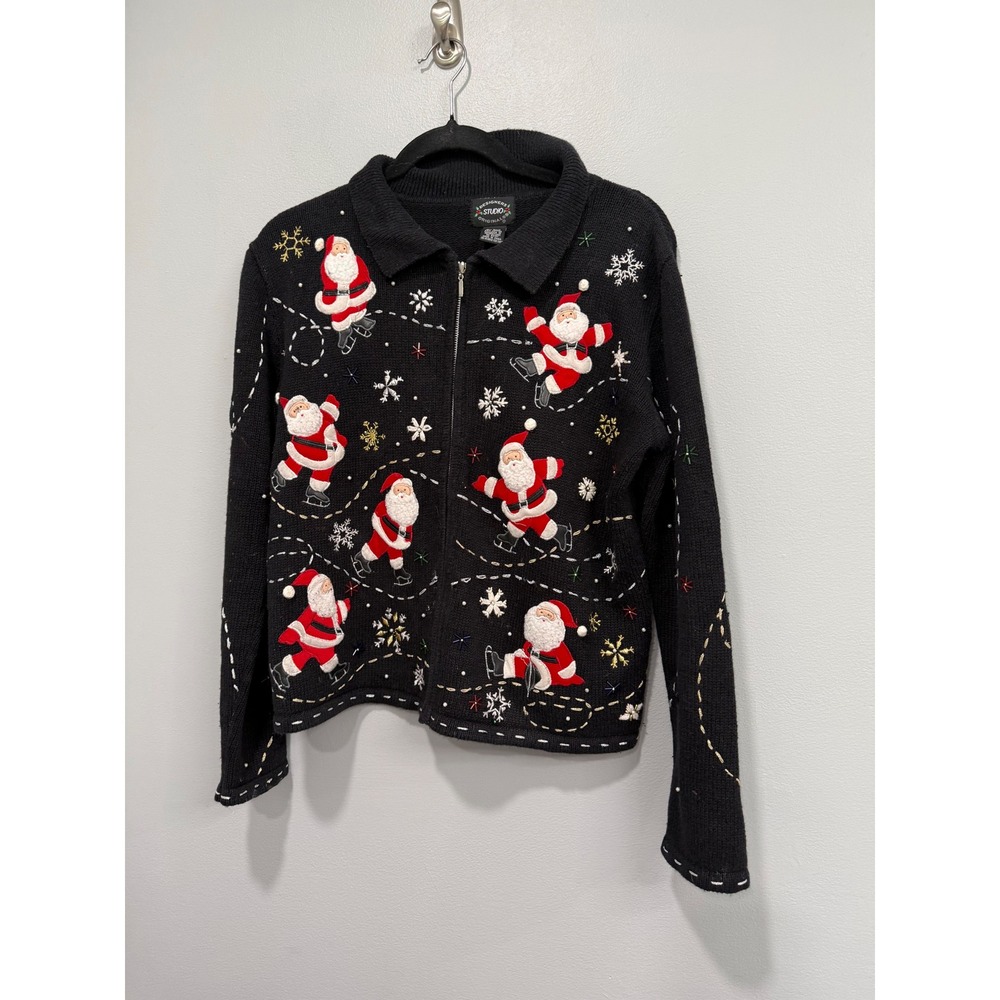 Designers Studio Originals Black Zip Up Santa Ice Skating Christmas Sweater S